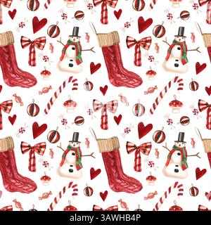 Motif sans couture aquarelle avec bonhommes de neige et cadeaux Banque D'Images