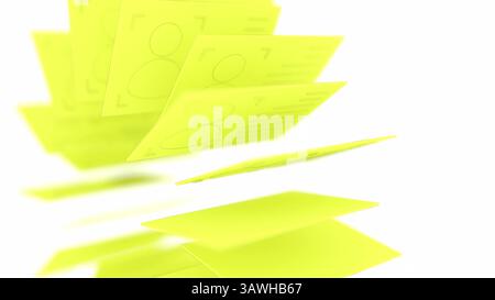 Cartes d'identité jaunes roulant sur le rendu blanc bg 3D. Banque D'Images