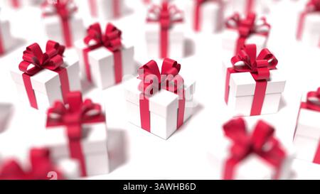 Coffrets cadeaux présents sur ruban rouge rendu 3D. Banque D'Images