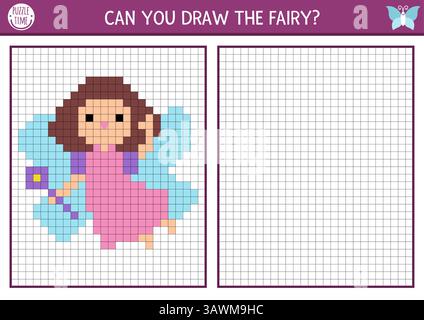 Dessinez la fée par grille de pixels. Feuille de travail pratique de dessin vectoriel. Fairyland imprimable activité noir et blanc pour les enfants. Copiez l'image Woodland magi Illustration de Vecteur