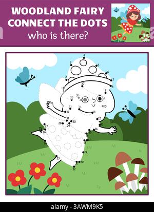 Vecteur de fée point à point et activité de couleur avec fée champignon, scène de nature colorée. Forêt magique ou jardin relient le jeu de points pour les enfants. W Illustration de Vecteur