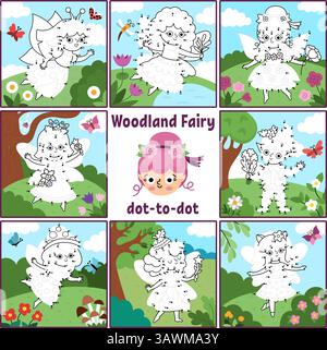 Ensemble d'activité point à point et couleur de Fairy yland vecteur avec scène de nature colorée et fée. Forêt magique, jardin connecter le jeu de points pour les enfants. Qui est m Illustration de Vecteur
