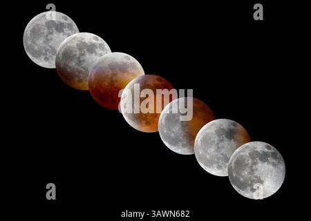 Éclipse lunaire. Série d'images d'une éclipse lunaire totale en séquence, isolées sur fond noir. Super, sang, lune de loup du 20 janvier 2019, Missouri Banque D'Images