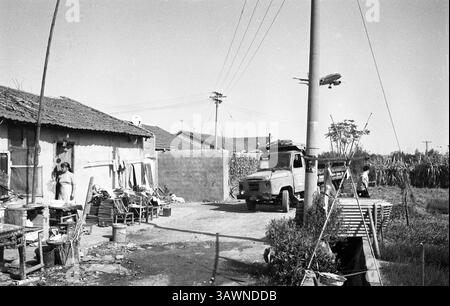 Vieux quartier animé avec la vie comme un avion approche, capturant l'essence des routines quotidiennes sous le ciel expansif : avion de ligne à vol bas au-dessus de rural Homestead près de l'aéroport de Hangzhou - photographie de film d'époque, années 2000, Hangzhou, Zhejiang, Chine Banque D'Images