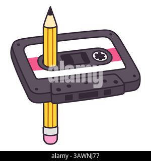 Bande cassette rétro de dessin animé avec un crayon, rembobiner un disque à la vieille école. Illustration clip art vectorielle. Illustration de Vecteur
