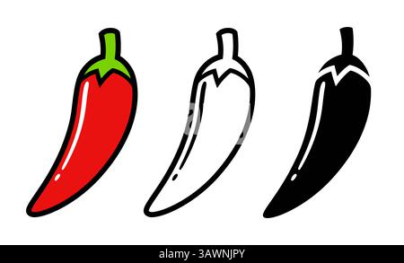 Icône de piment chaud dans un style différent. Couleur, dessin au trait et silhouette noire. Illustration clipart vectorielle de dessin animé simple. Illustration de Vecteur