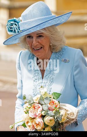 Windsor, Berkshire, Royaume-Uni. 20 avril 2025. 20/04/2025. Windsor, Royaume-Uni la reine Camilla assiste au service des matins de Pâques au château de Windsor crédit : Raymond Tang/Alamy Live News Banque D'Images