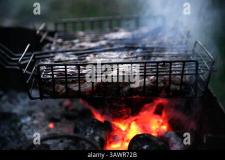 Le charbon BBQ apporte la saveur fumée authentique à vos grillades, créant des viandes et des légumes parfaitement carbonisés. C'est le cœur de chaque barbecue classique ex Banque D'Images