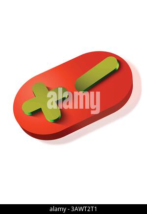 Symboles 3D plus et moins sur fond ovale rouge. Illustration de Vecteur