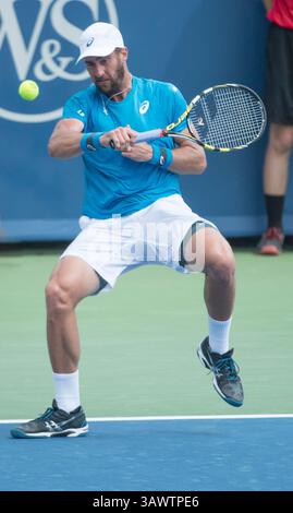 19 août 2016 : Steve Johnson (USA) perd contre Grigor Dimitrov (BUL) 7-6, 6-2, au Western & Southern Open joué au Lindner Family Tennis Center à Mason, Ohio. ©Leslie Billman/Tennisclix(image de crédit : &copy ; Leslie Billman/Cal Sport Media via ZUMA Wire) Banque D'Images