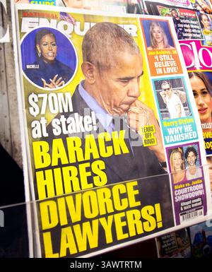 Les rumeurs de divorce de Barack Obama sont publiées dans le journal National Enquirer. Michelle Obama et l'ancien président Barack Obama nouvelles à la suite de commérages sur le couple Banque D'Images