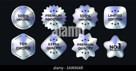 Badges argentés métalliques avec étiquettes de qualité supérieure sur fond sombre. Collection d'autocollants chromés brillants pour la marque de produit, l'emballage Illustration de Vecteur