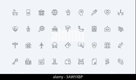 Clé du bâtiment résidentiel, commercial, contrat de vente de l'illustration vectorielle de symboles de contour noir mince de villa. Acheter et vendre maison, louer des biens immobiliers, affaire et ensemble d'icônes de ligne de service d'agent Illustration de Vecteur