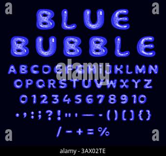 Jeu de polices de bulles néon bleu acide, alphabet anglais liquide vibrant, blobs fluides psychédéliques, lettres 3D vectorielles de ballon de dessin animé brillant y2k, chiffres et pu Illustration de Vecteur