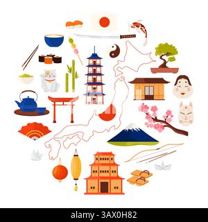 Carte et drapeau du pays, chat chanceux Maneki Neko et sakura, cérémonie du thé et illustration vectorielle de dessin animé de sushi. Voyage au Japon set, éléments culturels et monuments, nourriture dans la bannière infographique ronde. Illustration de Vecteur