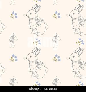 Modèle sans couture avec lapins vintage dessinés à la main et fleurs sauvages bleues sur fond crème doux Illustration de Vecteur