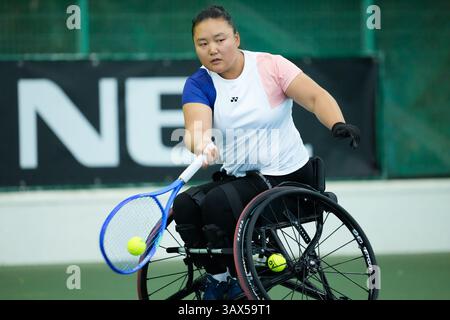 Iizuka, Japon. 20 avril 2025. Xiaohui Li (CHN), le 20 avril 2025 - Tennis en fauteuil roulant : finale en simple féminin à Iizuka Sports Resort pendant la Coupe de l'Empereur, Coupe de l'Impératrice le 41e tournoi international de tennis en fauteuil roulant d'Iizuka (Japan Open 2025) à Iizuka, Japon. Crédit : SportsPressJP/AFLO/Alamy Live News Banque D'Images