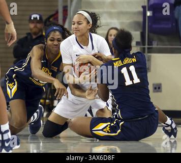 29 décembre 2016 - Fort Worth, TX, USA - Kianna Ray de Texas Christian combat Teana Muldrow de Virginie occidentale (11) pour un ballon lâche à Schollmaier Arena à Fort Worth, Texas, le jeudi 29 décembre 2016. La Virginie-occidentale a gagné, 83-61. (Crédit image : © Richard W. Rodriguez/TNS via ZUMA Wire) Banque D'Images