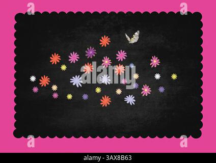 un éventail varié de fleurs dans des tons pastel doux, avec un papillon perché au-dessus, mettant en valeur la beauté de la nature sous forme artistique sur un fond sombre et pi Banque D'Images