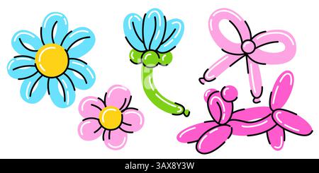 Figurines de ballon gonflables - fleurs colorées en forme de Marguerite avec de grands pétales, élément d'arc, jouet en forme de chien. Ensemble d'illustration de doodle vecteur enfantin pour décor de fête, événement d'été, célébration d'enfant. Illustration de Vecteur
