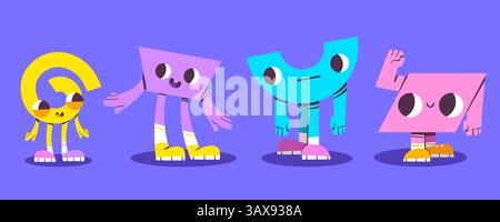 Mascottes géométriques drôles isolées sur fond bleu. Illustration vectorielle de dessin animé de spirale mignonne, trapèze, demi-cercle, caractères de parallélogramme avec, visage, jambes et bras, symboles d'éducation précoce Illustration de Vecteur