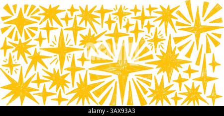 Jeu dessiné à la main par des étoiles naïves. Pack de formes Space Shine et de doodle Blings. Comètes et clignotement sur le ciel nocturne. Vecteur crayon jaune ou illustr pastel Illustration de Vecteur