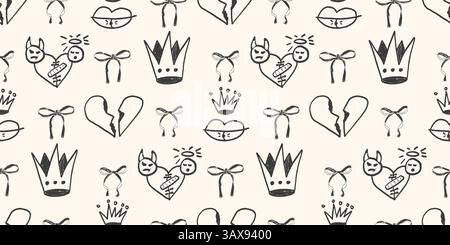 Motif sans couture Coquette diable et ange charbon de bois. Girly Sketch marqueur arrière-plan sans fin. Arc et coeur brisé, lèvres avec couverture de répétition de couronne. Crayon Illustration de Vecteur
