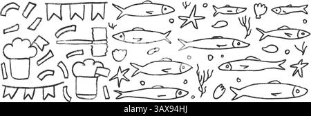 Ensemble de griffonnages de ligne de sardines. Festival Santos populares. Manjerico, gribouillage des poissons dessiné à la main. Illustration vectorielle sur fond blanc. Portugal Trad Illustration de Vecteur