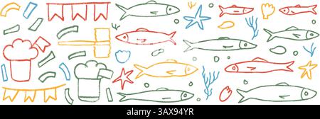 Jeu de griffonnages de ligne de crayon de poissons. Éléments du festival Santos Populares. Illustration de vacances d'été naïve colorée dessinée à la main de vecteur. Illustration de Vecteur