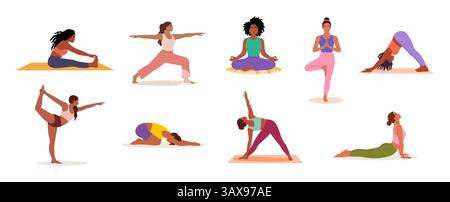 Collection de différentes femmes dans les asanas de yoga Illustration de Vecteur