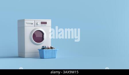 Machine à laver moderne avec panier à linge plein de vêtements sales attend d'être lavé sur fond bleu, rendu 3D. Banque D'Images