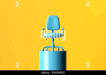 Chaise de bureau bleue moderne debout sur un piédestal bleu sur un fond jaune, représentant un concept de hiérarchie et de promotion dans la carrière en affaires. 3D. Banque D'Images