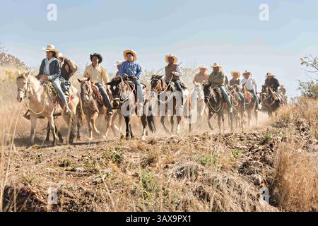 5 janvier 2017 - la Trinidad, Guanajuato, Mexique - des centaines de cow-boys mexicains traversent le haut désert lors du pèlerinage annuel de Cabalgata de Cristo Rey le 5 janvier 2017 à la Trinidad, Guanajuato, Mexique. Des milliers de cow-boys mexicains et de chevaux prennent part à la balade de trois jours jusqu'au sanctuaire de Cristo Rey au sommet de la montagne, s'arrêtant en chemin dans des sanctuaires et des églises. (Crédit image : © Richard Ellis via ZUMA Wire) Banque D'Images