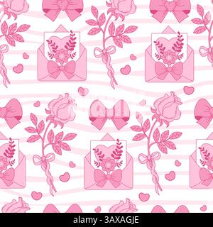 Motif sans couture rose Vintage Coquette. Ruban d'arc, Rose, fleurs de bouquet, lettre d'amour sur fond blanc Groovy Distorted Stripe. Girly romantique Vib Illustration de Vecteur
