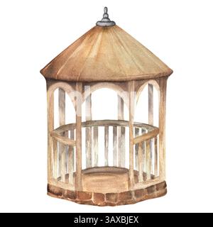 Un vieux belvédère en bois avec sous-sol pierreux et toit brun jaune. Piliers minables. Clipart de jardin. Illustration d'aquarelle dessinée à la main. Pour les cartes postales, Pat Banque D'Images
