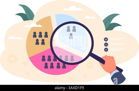 Segment cible. Analyse marketing de groupe de clients potentiels, identité du consommateur diviser graphique à secteurs démographiques du marché les personnes recherchent différentes illustrations vectorielles de niche illustration originale Illustration de Vecteur