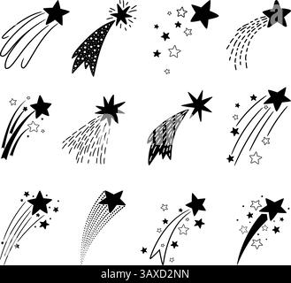 Étoiles tombantes noires avec queues ensemble d'œuvres d'art originales Illustration de Vecteur