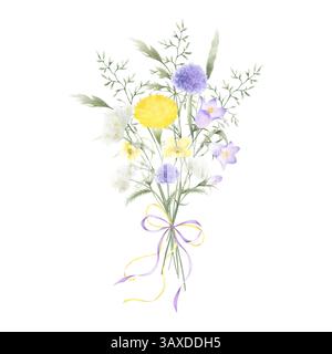 Bouquet d'aquarelle fleurs sauvages chellflower, pissenlit, papillon, verruelle et prairie herbes nouées arc. Illustration isolée dessinée à la main de jaune, Li Banque D'Images