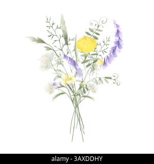 Bouquet d'aquarelle fleurs sauvages pois souris, pissenlit, papillon, verruelle et herbes de prairie. Illustration isolée dessinée à la main de jaune, lilas et wh Banque D'Images