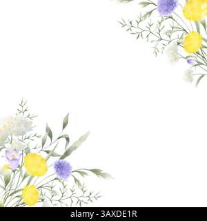 Bouquet d'aquarelle fleurs sauvages chellesol lilas, pissenlit jaune, verruelle blanche et herbes de prairie. Cadre carré isolé dessiné à la main de fleurs Wit Banque D'Images