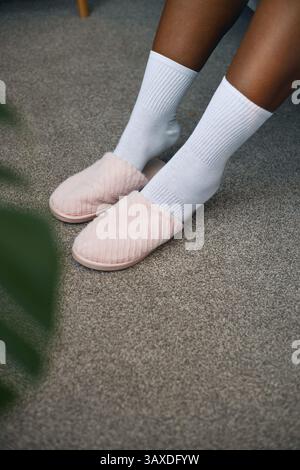 Personne portant des chaussons en peluche doux avec des chaussettes blanches tout en étant assis à l'intérieur sur un sol de tapis, avec un soupçon de plante verte sur le côté Banque D'Images