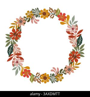 Couronne florale. Cadre de cercle de fleurs et de feuilles. Illustration de Vecteur