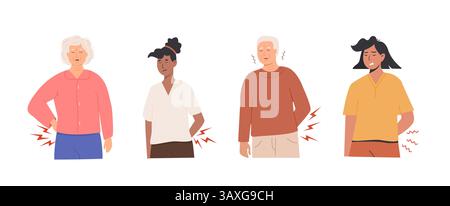 Groupe diversifié de personnes éprouvant des maux de dos avec des expressions peintes. Homme et femme âgés, femme jeune et moyenne d'âge souffrant d'inconfort Illustration de Vecteur