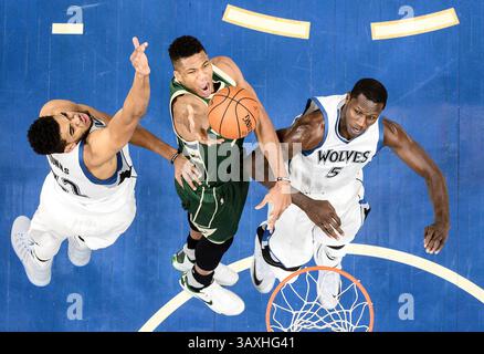 30 décembre 2016 - Minneapolis, Minnesota, États-Unis - Giannis Antetokounmpo des Bucks de Milwaukee, au milieu, convertit un layup malgré la pression de Karl-Anthony Towns des Timberwolves du Minnesota, à gauche, et Gorgui Dieng en première mi-temps le vendredi 30 décembre 2016, au Target Center de Minneapolis. Les Timberwolves ont gagné, 116-99. (Crédit image : © Aaron Lavinsky/TNS via ZUMA Wire) Banque D'Images
