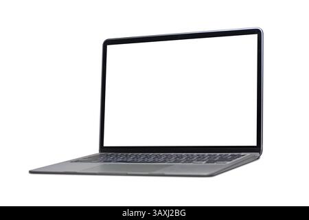 Image haute résolution d'un ordinateur portable moderne avec un fond blanc, idéal pour la technologie ou l'e-commerce. Banque D'Images