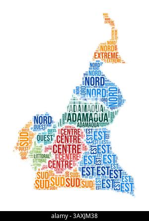 Nuage de mots de la région Cameroun. Forme campagnarde. Illustration colorée Cameroun. Nuage de collage de noms de région. Illustration vectorielle. Illustration de Vecteur