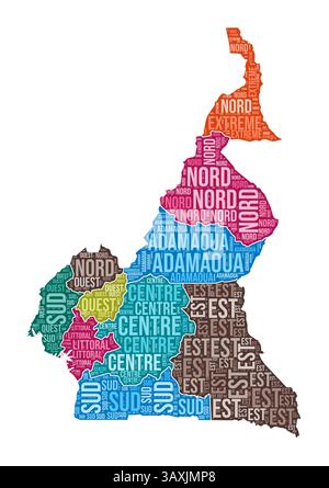 Forme Cameroun. Nuage de mots de pays avec division de région. Illustration colorée Cameroun. Nuage de noms de région. Illustration vectorielle. Illustration de Vecteur