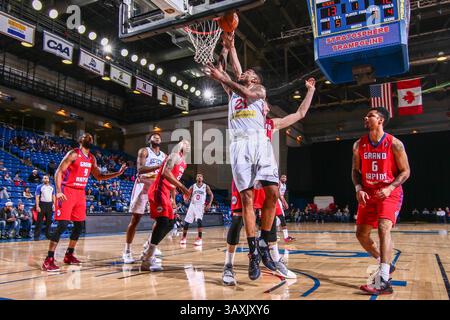 30 janvier 2017 - Newark, DE, États-Unis d'Amérique - Delaware 87ers Center SHAWN LONG (21) se dirige vers le panier alors que Grand Rapids Drive Forward HENRY ELLENSON (8) défend dans la première moitié d'un match de saison régulière de la NBA d-League entre les Delaware 87ers et Grand Rapids Drive (Detroit pistons) lundi 30 janvier 2017, au Bob Carpenter Sports convocation Center à Newark, DEL (crédit image : © Saquan Stimpson Wire ZUMA) Banque D'Images