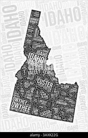Les comtés de l'Idaho cartographient le nuage de mots. Noms des régions de l'Idaho. Conception de carte en noir et blanc. Illustration vectorielle tendance. Illustration de Vecteur