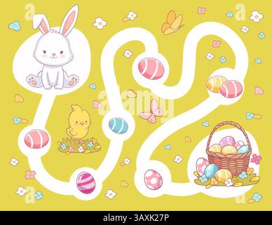 Jeu de labyrinthe adorable dans le style de dessin animé doodle mettant en vedette un lapin de Pâques et un poussin. Les enfants suivent un chemin sinueux rempli d'oeufs colorés décorés à Illustration de Vecteur